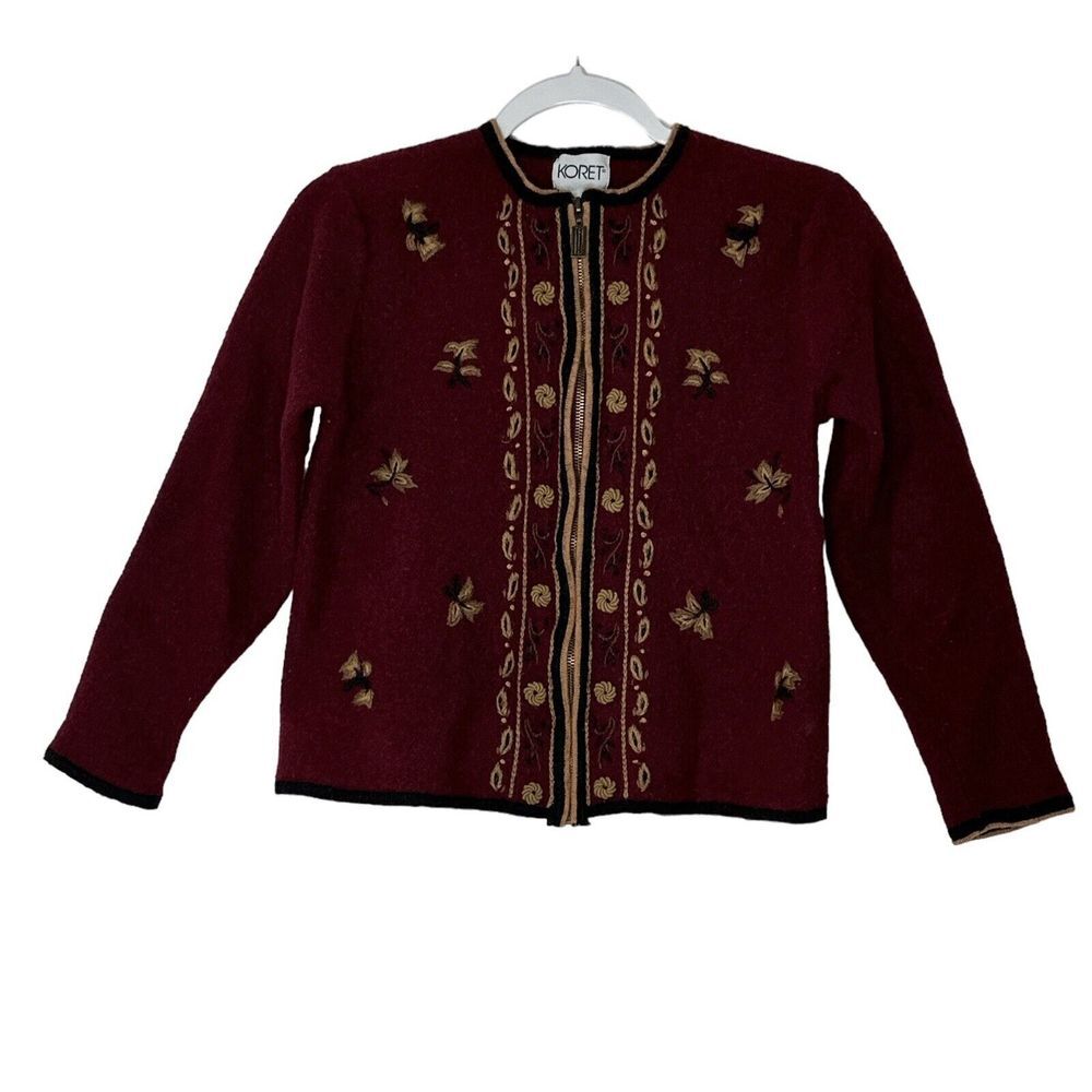 Vintage KORET Sweater Womens Medium 100% Wool Shoulder Pads Embroidery Fall
